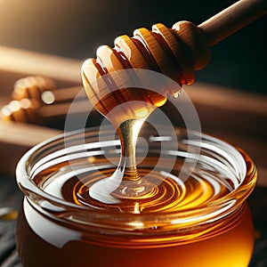 Close up of fresh golden honey slowly dripping from a wooden honey dipper