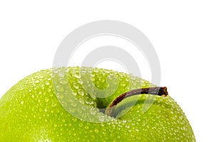 Close up fresh green Apple granny smith isolated on white background with water droplet â€“ macro shoot