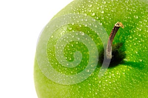 Close up fresh green Apple granny smith isolated on white background with water droplet â€“ macro shoot