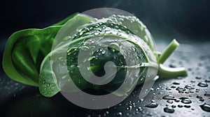 Close up of fresh green basil leaf with water drops on black background