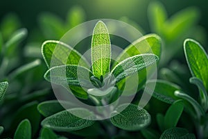 Close Up of Fresh Green Leaves in Soft Sunlight with Dew Droplets, Nature Background with Lush Foliage, Botanical Wallpaper,