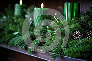 close-up of fresh green pine branches on an altar