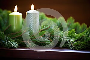 close-up of fresh green pine branches on an altar
