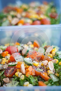 Close up of fresh and healthy salad made with fruits and vegetables in a container.