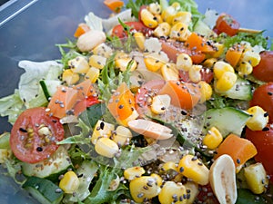 Close up of fresh and healthy salad made with fruits and vegetables in a container.