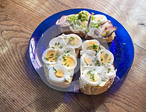 Close up fresh home made rye bread sandwich with egg slices, ham bacon, chive and mayonnaise on blue plate on wooden