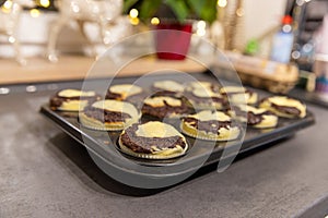 Close-up of fresh homemade Chocolate-Cheesecake Muffins