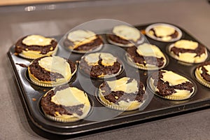 Close-up of fresh homemade Chocolate-Cheesecake Muffins