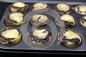 Close-up of fresh homemade Chocolate-Cheesecake Muffins