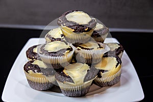 Close-up of fresh homemade Chocolate-Cheesecake Muffins