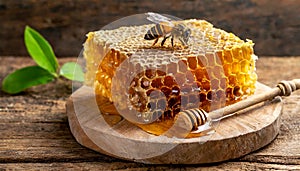 Close-up of a Fresh Honeycomb with a Bee and Liquid Honey - Generative Ai