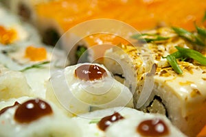 close up fresh juicy delicious sushi set. view from the outside. for design and decor.