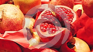Close up of fresh juicy pomegranates on the market