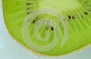 Close-up of fresh kiwi fruit slice on light background. Slice of ripe green kiwi fruit in sparkling water on light