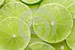 Close up of fresh lime slices as a background. green background with citrus fruit of lime slices.