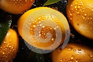 Close up of fresh mango with water drops, top view