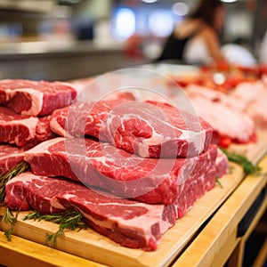 Close-up of fresh meat in a supermarket window