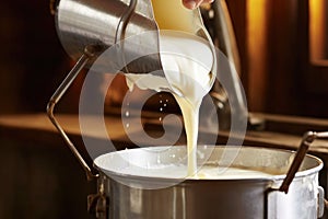 close-up of fresh milk pouring into cheesemaking kettle