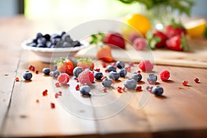 close-up of fresh mixed berries on a wooden table