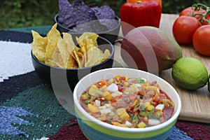 Close Up of Fresh Organic Mango Salsa with Organic Blue and Yellow Corn Chips