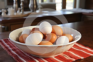 Close-up of fresh organic white plate with farm-fresh chicken eggs
