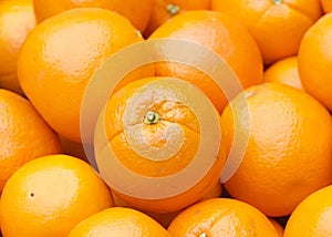 Close up of fresh organic whole navel oranges