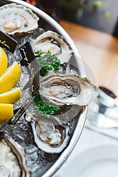 Close up Fresh Oysters and many kinds of fresh oysters served in round tray with slice lemon and spicy sauce