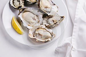 Close up of Fresh oysters served in white plate with sliced of lemon on white tablecloth