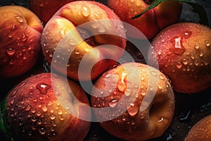 Close-up of fresh peaches glistening with water drops.Created using Generative AI technology