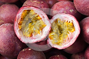 Close up of fresh purple passion fruits