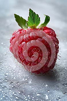 A close-up of a fresh raspberry with dewdrops on a light background. Generated AI