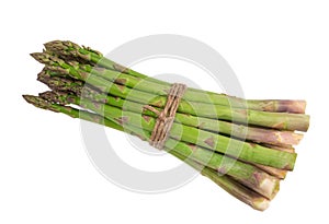 Close-up of a fresh raw asparagus bunch tied with a burlap twine isolated PNG file transparent background.