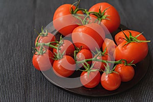 Close-up of fresh red ripe organik tomatoes with water drops on branches, dark linen napkin. Selective focus. Top view