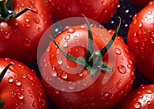 Close up of fresh red ripe tomatoes with dew.Macro.AI Generative