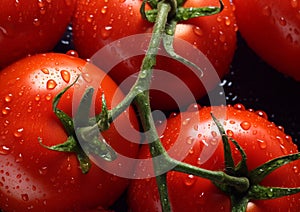 Close up of fresh red ripe tomatoes with dew.Macro.AI Generative