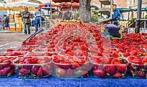 Close up fresh red strawberry berries in plastic containers in wooden box on retail display of farmers market, high