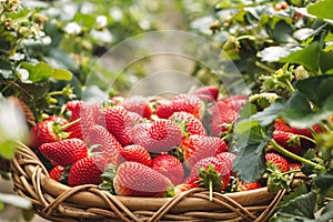 Close-up fresh ripe organic strawberry in wooden wicker basket against the green leaves background of a blooming garden