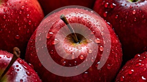Close-up of fresh ripe red apples with water drops. AI-generated.
