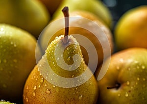 Close up fresh ripe sweet pears.Macro.AI Generative