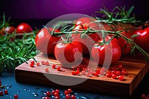 Close-up of fresh, ripe tomatoes on wood background