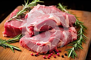 close-up of fresh rosemary leaves on a raw lamb roast