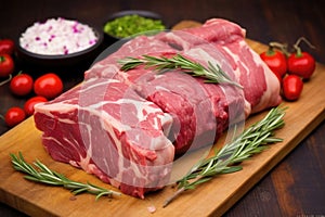 close-up of fresh rosemary leaves on a raw lamb roast