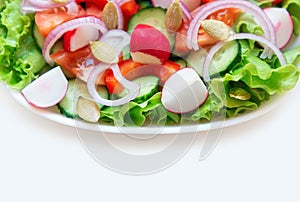 Close-up of a fresh salad of cucumbers, tomatoes, radishes, onions and other vegetables on a plate for a healthy meal