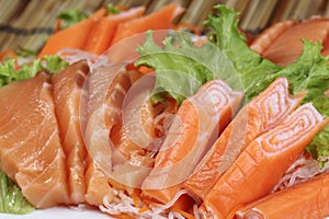 Close up Fresh Salmon sashimi set