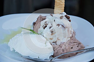 Close up of fresh scoops of ice cream with chocolate wafer rolls on a plate