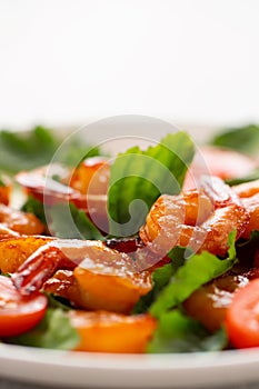 Close-up of fresh shrimp, tomato, arugula and greens salad, vertical image with copy space