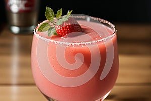 Close-up of a fresh strawberry daiquiri with mint