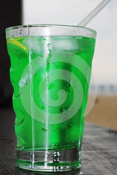 Close up of fresh summer drink, mint with carbonated water, ice