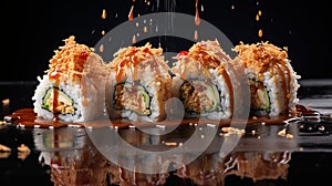 Close-Up of Fresh Sushi Ingredients - Fresh Fish, Ice Cube, Water Droplets, Rice, and Seaweed