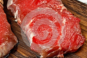 Close up of fresh uncooked rib eye steak